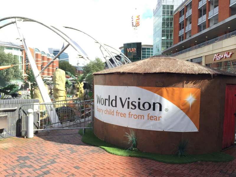 World Vision Journey of Hope replica mud hut set up in a UK town centre